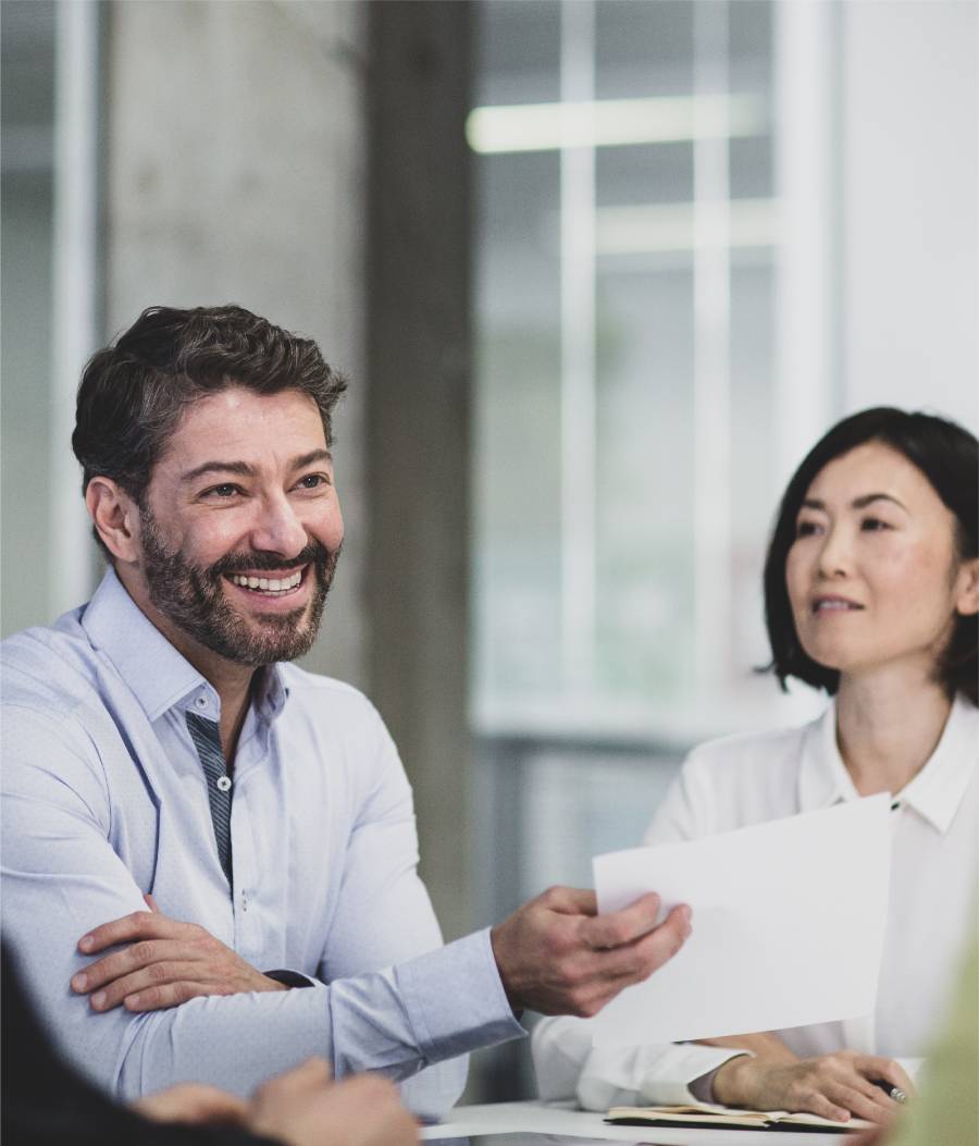 Man and woman discussing work