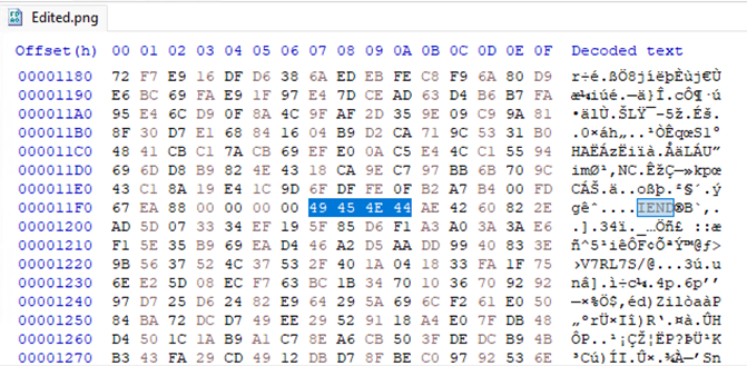 Hex editor window with an open png file, showing the IEND marker followed by substantial data which originated from the original, unredacted file.