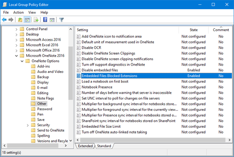 Local Group Policy Editor window showing Embedded Files Blocked Extensions set to 'Enabled'