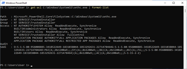 Image shows a PowerShell console window with the output of 'get-acl' against 'C:\Windows\System32\sethc.exe', showing the default file permissions