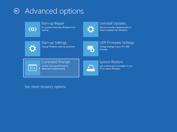 Image of the Advanced options available in WinRE.  From these, 'Command Prompt' should be selected.