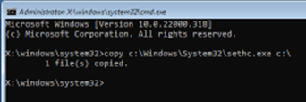 Windows command shell.  Command run is: copy /y C:\Windows\System32\sethc.exe c:\