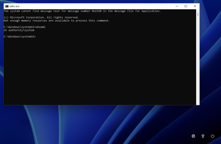 A pre-login Windows 11 desktop showing a command shell running as NT AUTHORITY\SYSTEM