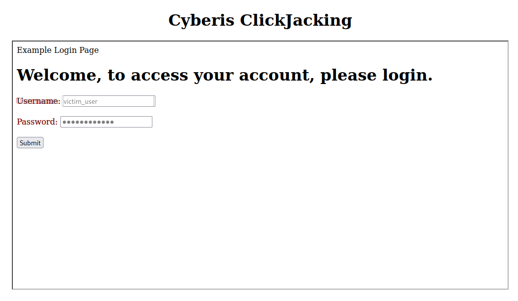 Image shows a login page being framed by an external domain 